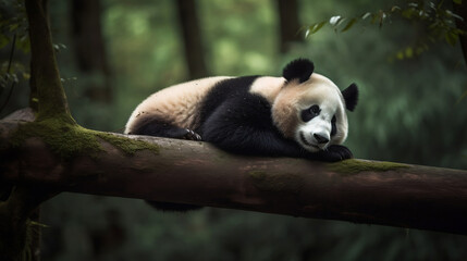 Lazy Panda Bear Sleeping on a Tree Branch, China Wildlife. Bifengxia nature reserve, Sichuan Province, Generative Ai