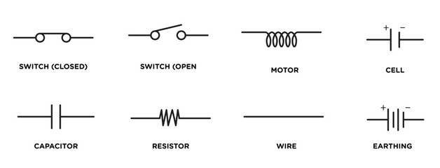 icon set of switch (closed), switch (open), motor, cell, capacitor, resistor, wire, earthing - obrazy, fototapety, plakaty