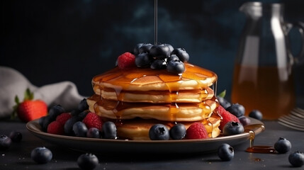 Close-up delicious pancakes, with fresh blueberries, strawberries and maple syrup on a light background. With copy space, Generative Ai