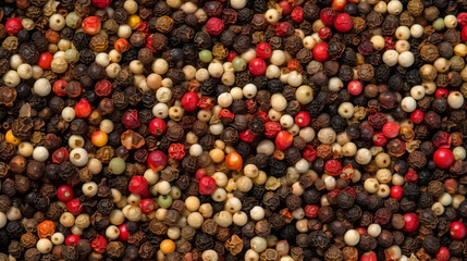 Mixed peppercorns texture. Background with copyspace. Close up. Top view