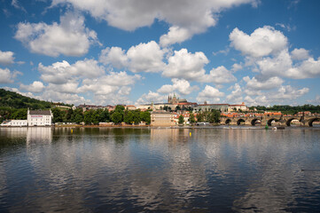 Panoramic view above at Charles Bridge Prague Castle and river Vltava Prague Czech Republic.