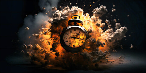 a burning clock on black background,