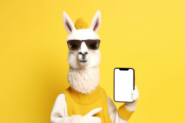 stylish llama in glasses shows the phone on a yellow background Generative AI