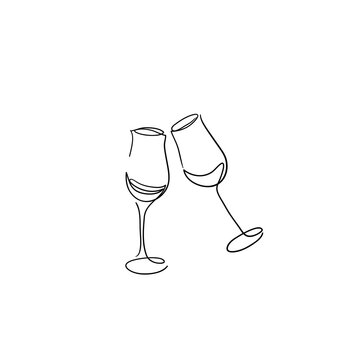 recommend clip art: Continuous Line Drawing of Champagne Glasses Black Sketch on White Background. Two Glasses Simple One Line Drawing. Minimal Hand Draw Illustration for Cafe, Party, Holiday, Invitation. 