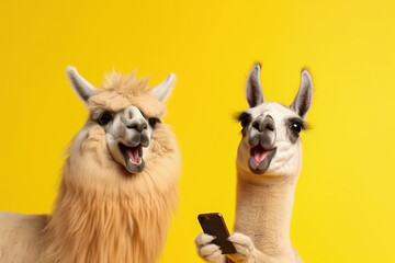 Obraz premium two llamas with a phone are smiling on a yellow background, Generative AI