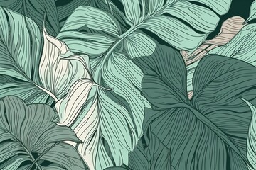 Naklejka na ściany i meble Seamless pattern with leaves. Natural palm leaves with contour line art style vines pastel vintage theme. Design for fabric, print, cover, banner, decoration, wallpaper illustration. AI Generated