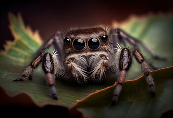 Generative AI illustration of a jumping spider sitting on a leaf and looking at the camera, in the style of dark brown and gray, exaggerated facial features, heywood hardy
