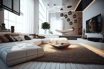 Generative AI illustration of a modern living room, white theme, wooden accent, white leather corner sofa , glass, lights, a large carpet, big TV