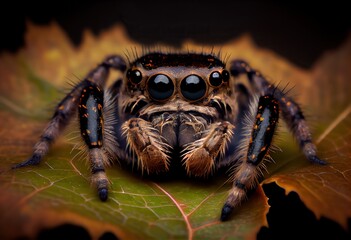 Generative AI illustration of a jumping spider sitting on a leaf and looking at the camera, in the style of dark brown and gray, exaggerated facial features, heywood hardy