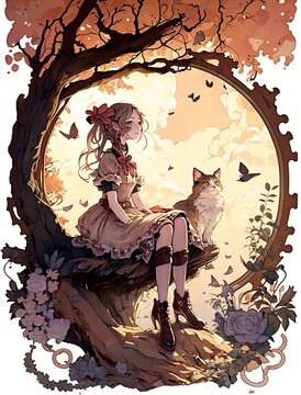 Generative AI illustration of a cute girl is sitting under a tree, in the style of rococo-inspired art, mirror rooms, whimsical cats, kawacy, enchanting watercolors, magenta and brown