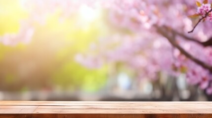 Naklejka na ściany i meble Empty wooden table in Sakura flower Park with garden bokeh background with a country outdoor Generative AI