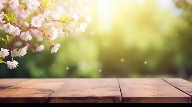 Empty wooden table in Sakura flower Park with garden bokeh background with a country outdoor Generative AI