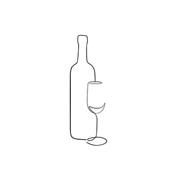 Continuous line drink wine.Concept wine shop catering hand drawn illustration .Bottle and glass. One line.