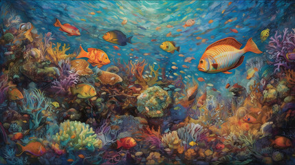 Fototapeta na wymiar 海底の生命と美しさ　No.010 | Underwater World: Vibrant Colors of Coral and Fish Generative AI