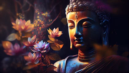  Generative AI illustration of abstract lifelike buddha, flowers, magic lighting, beautiful metallic and stone colors, detailed, natural lighting, natural environment. © CravenA