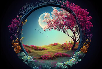 Obraz premium Generative AI illustration of beautiful enchanted landscape. Magic meadow with spring blooming trees. Round frame with copy space in the middle . Fantasy garden background