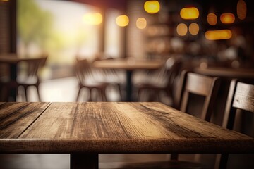 Generative AI illustration of blurred background of a cafe or restaurant features an empty wooden table