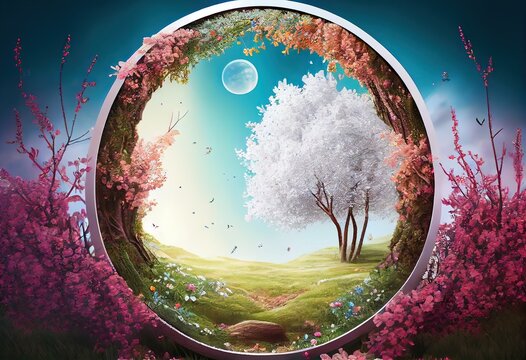 Generative AI illustration of beautiful enchanted landscape. Magic meadow with spring blooming trees. Round frame with copy space in the middle . Fantasy garden background