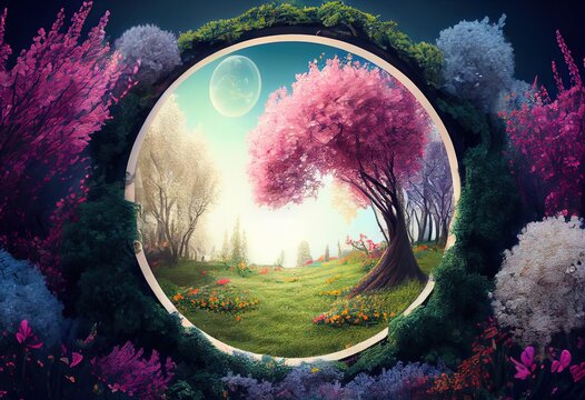 Generative AI illustration of beautiful enchanted landscape. Magic meadow with spring blooming trees. Round frame with copy space in the middle . Fantasy garden background