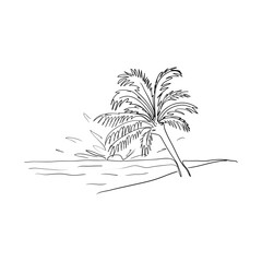 Beach with palm trees. Sea sunset. One line.Stock vector illustration.