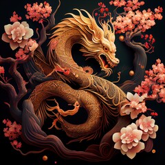 Generative AI illustration of chinese dragon, astral background, chinese zodiac background, cherry blossom, flowers, chinese new year. - obrazy, fototapety, plakaty