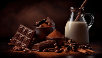 Generative AI illustration of Cinnamon, Dark chocolate with milk and candy sweet, copy space, selective focus