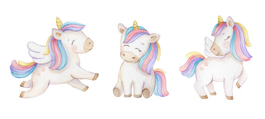 A set of  cute watercolor unicorns isolated on a white background.  Design for baby shirt design, nursery decor, card making, party invitations,  logos, greeting cards, posters, D.I.Y. and other. © ElenaMedvedeva