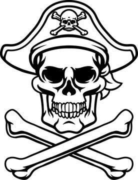 A pirate skull and crossbones jolly roger grim reaper cartoon wearing captain a hat and eye patch