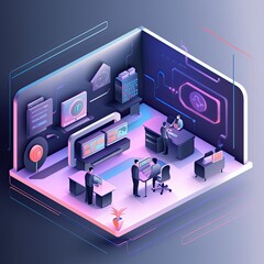 Generative AI illustration of 3D isometric illustration of our futuristic web agency office, showcasing the high tech and modern design of our workplace