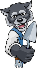 A wolf bricklayer builder construction worker mascot cartoon character holding a trowel tool and peeking around a sign