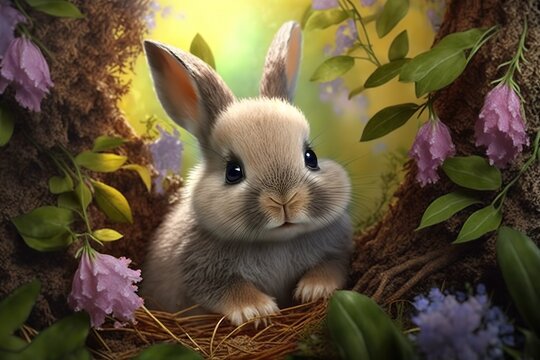 Generative AI illustration of cute baby rabbit as easter bunny sitting in easter egg as easter under tree, background wallpaper design