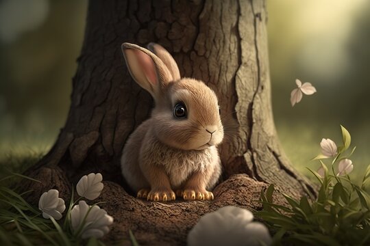 Generative AI illustration of cute baby rabbit as easter bunny sitting in easter egg as easter under tree, background wallpaper design