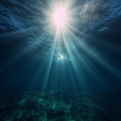 An underwater ocean illustration showing sun rays shining through the water surface on the sea bed below. A.I. Generated.
