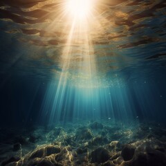 Fototapeta na wymiar An underwater ocean illustration showing amber golden sun rays shining through the water surface on the green blue sea bed below. A.I. Generated. 
