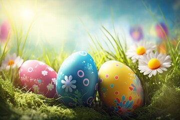 Obraz na płótnie Canvas Generative AI illustration of colorful easter eggs on grass background, very beautiful
