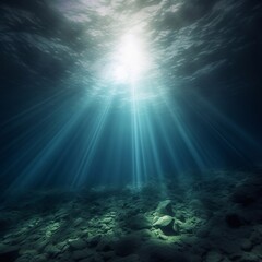 Fototapeta na wymiar An underwater ocean illustration showing sun rays shining through the water surface on the sea bed below. A.I. Generated. 