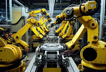 Generative AI illustration of smart factory, robotic arm, industry 5.0, car assembly line, car manufacturer, 3D Robot automated team working, future process futuristic industry engineering background