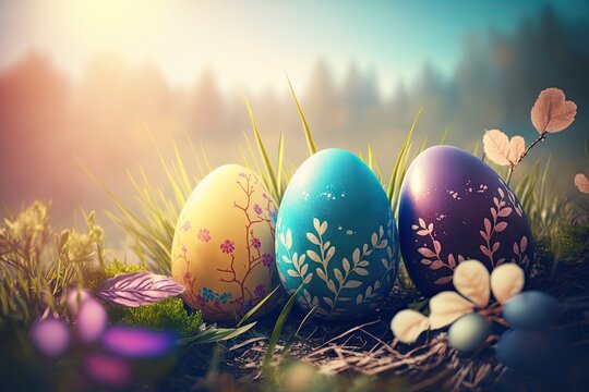 Generative AI illustration of colorful easter eggs on grass background, very beautiful
