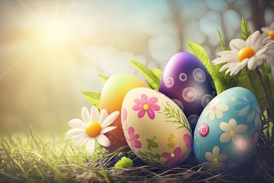 Generative AI illustration of colorful easter eggs on grass background, very beautiful
