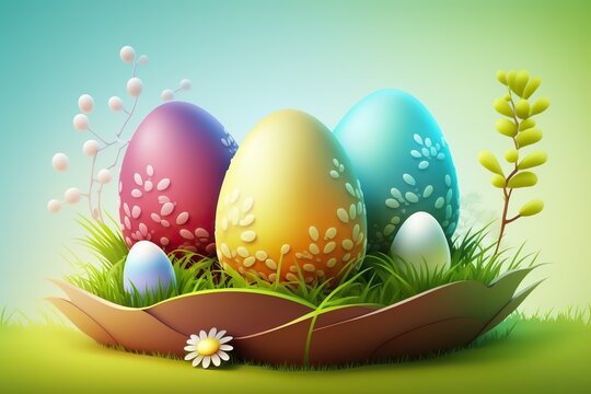 Generative AI illustration of colorful easter eggs on grass background, very beautiful
