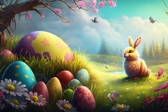Generative AI illustration of cute baby rabbit as easter bunny sitting in easter egg as easter under tree, background wallpaper design