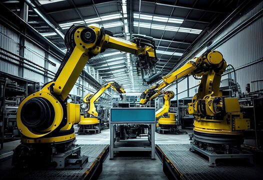 Generative AI illustration of smart factory, robotic arm, industry 5.0, car assembly line, car manufacturer, 3D Robot automated team working, future process futuristic industry engineering background