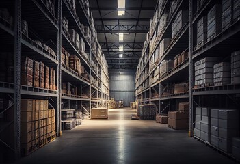 Generative AI illustration of huge distribution warehouse with high shelves, huge sales warehouse, hundreds of thousands of products, endless factory