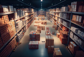 Generative AI illustration of huge distribution warehouse with high shelves, huge sales warehouse, hundreds of thousands of products, endless factory