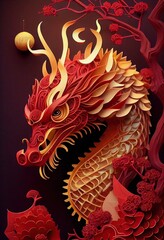 Obraz premium Generative AI illustration of paper cut craft, quilling multi dimensional Chinese style, zodiac dragon with lanterns and cherry blossoms in background, chinese new year.