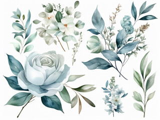 Fototapeta set in stile acquerello di bouquet floreale , foglie  e rami, peonie, colori tenui blu e verde, fondo bianco scontornabile creato con ai obraz