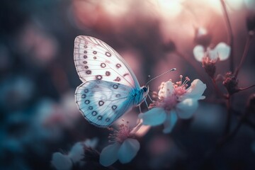 A butterfly sits on a blooming flower. Generative AI.