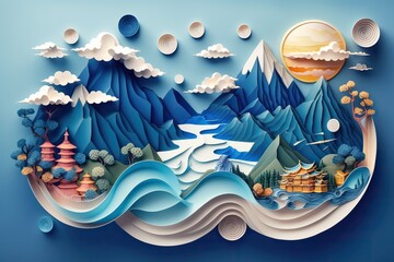 Generative AI illustration of Chinese nature and landscape on solid background, auspicious clouds, ravine stream, mountain range, many houses and ancient buildings, multi dimensional paper quilling