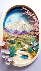 Generative AI illustration of Chinese nature and landscape on solid background, auspicious clouds, ravine stream, mountain range, many houses and ancient buildings, multi dimensional paper quilling