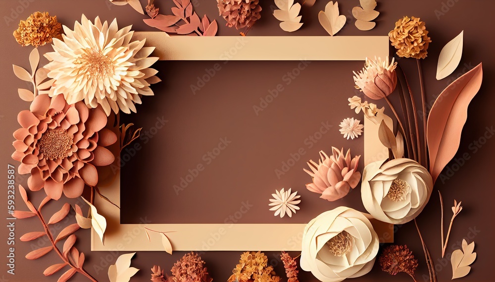 Wall mural Generative AI illustration of fall flower frame on pastel brown background copy space flat lay mock up